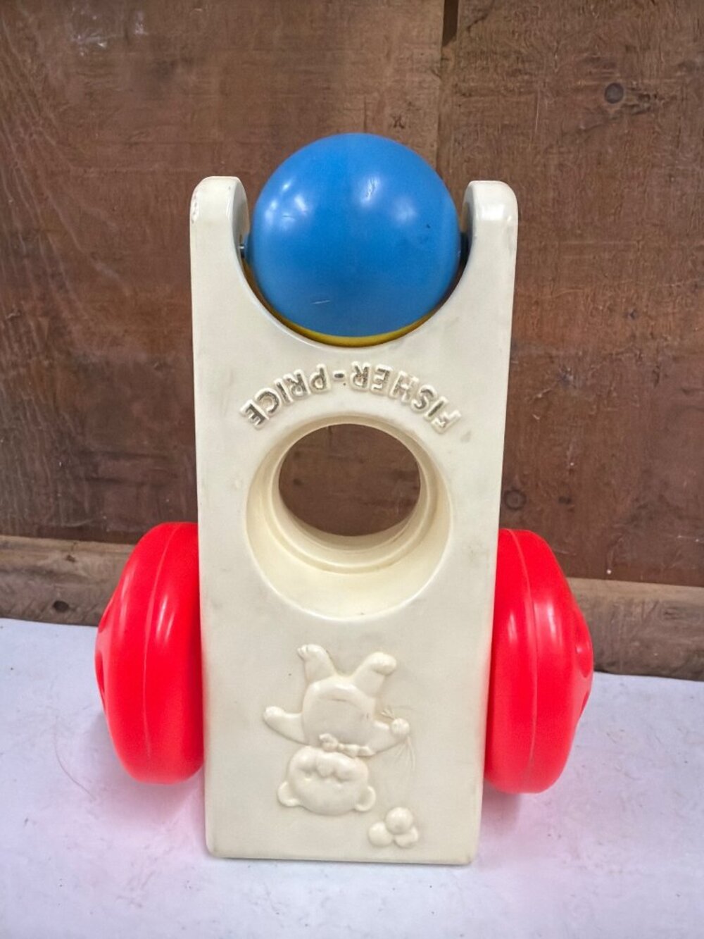 Vintage Fisher-Price 1975 Click N Clatter Push Toy With Red Wheels & Yellow Base - Picture 5 of 8